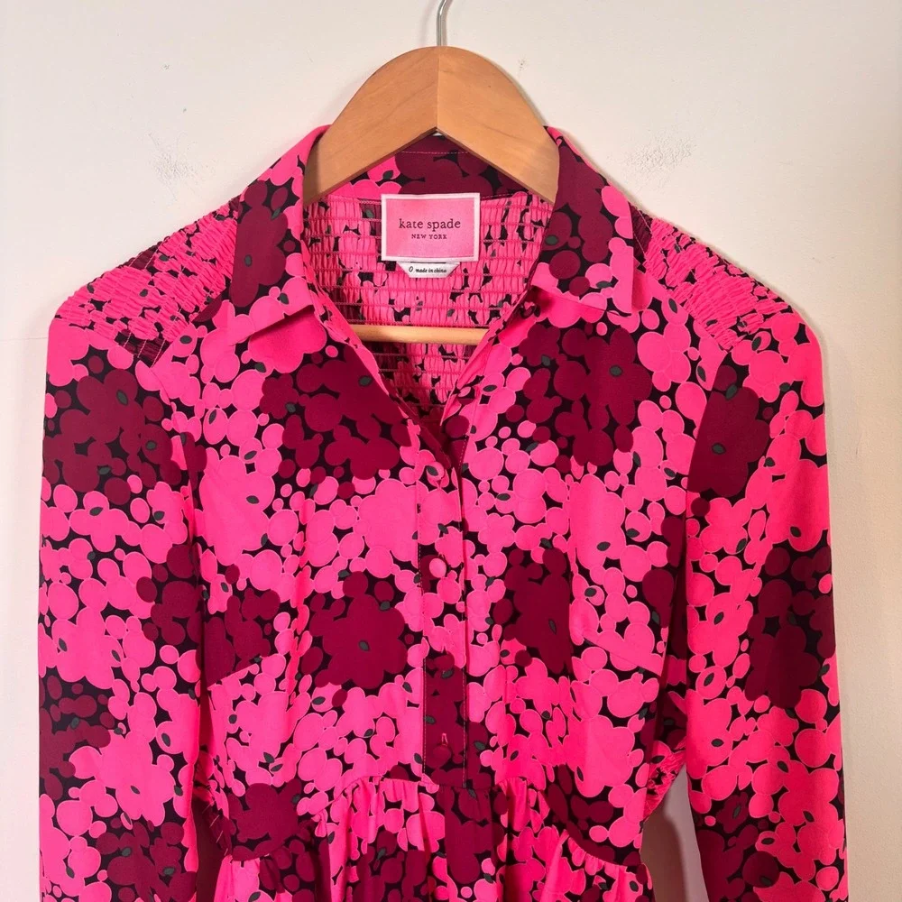 Kate Spade New York Womens Sz 0 Dress Pink Smocked Bubble Dot Long Sleeve Floral